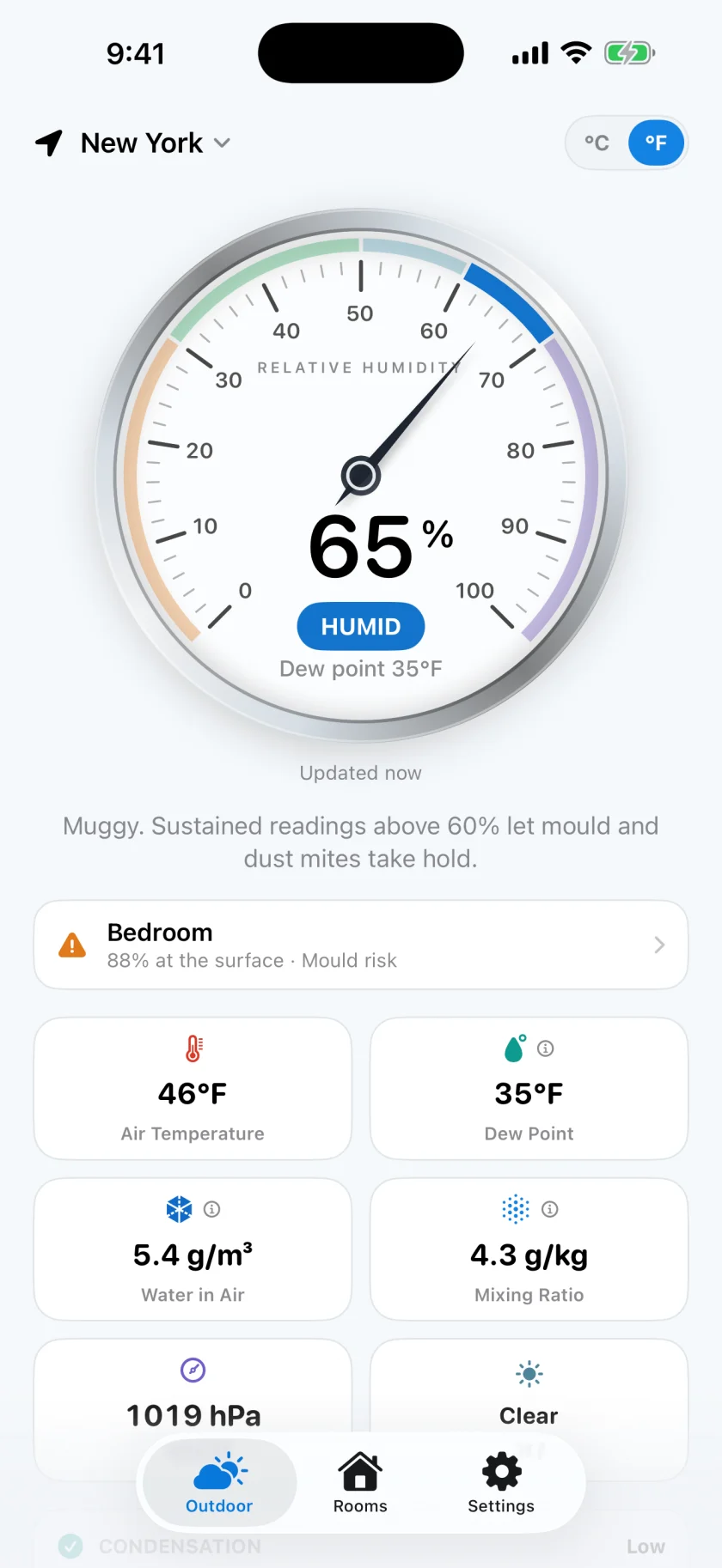 El panel de Hygrometer: dial analógico con humedad relativa, punto de rocío y datos de temperatura y presión.