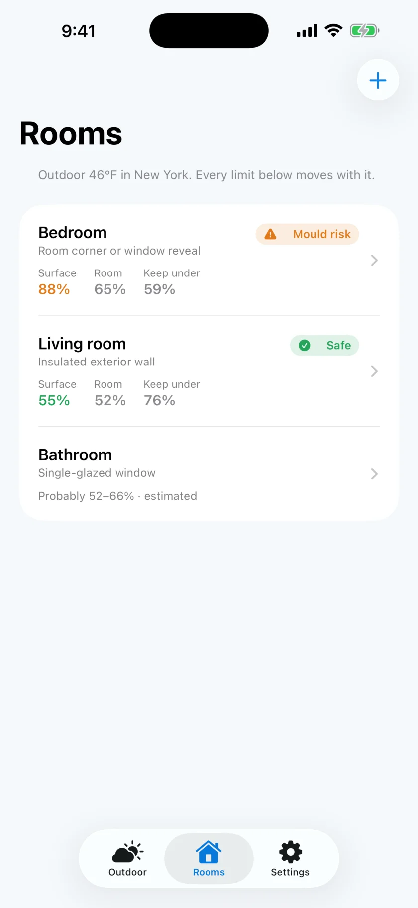Rooms overview in Hygrometer: listing Living Room, Bedroom, and Basement with humidity levels, comfort status, and active mold risk alerts.