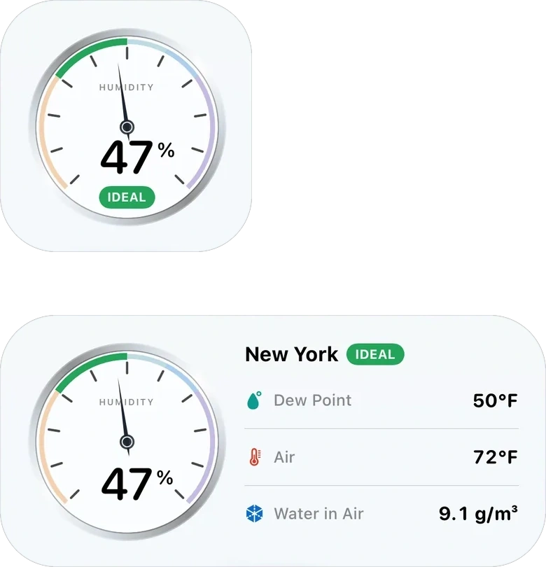 A Home Screen with the small Hygrometer widget showing a 47 percent dial, and the medium widget adding the city, dew point, air temperature and water in air.